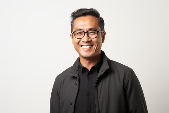 Happy Asian man in black shirt and eyeglasses on white background