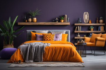 Bedroom interior in bohemian ethnic style with orange accents. Ornament and pattern floral background wallpaper. Generative AI
