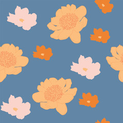 Vintage floral abstract blossom seamless Pattern. Hand drawn Botanical retro flowers on light blue background. Colored meadow repeat wallpaper. Botany vector template. Trendy bloom Floral element