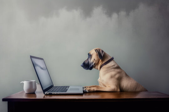 A dog sitting on a desk looking at a laptop. Digital image.