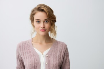 Obraz premium Group portrait of a Russian woman in her 20s in a white background wearing a chic cardigan