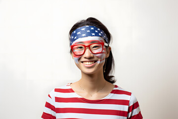 A cheerful portrait of an american person wearing patriotic bandana