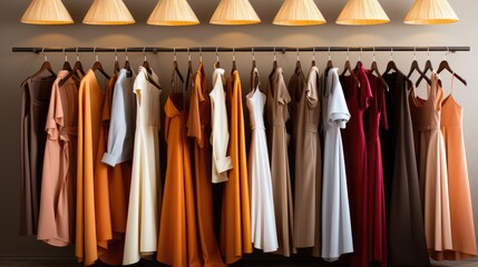 Rows of clothes meticulously arranged on hangers displaying a variety of fabrics, patterns and colours.