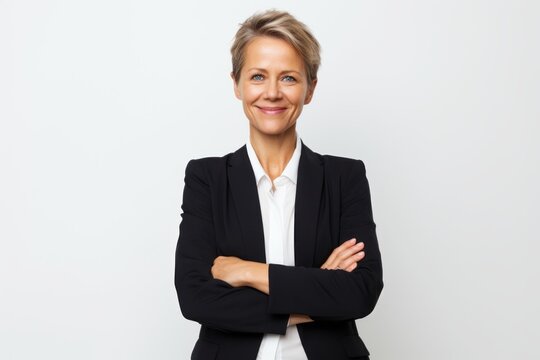 Portrait of a mature businesswoman standing with arms crossed over white background
