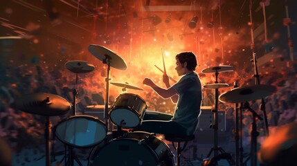 Fototapeta na wymiar illustration person playing drum set.Generative AI