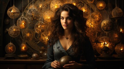 Beautiful girl surrounded by a detailed astrological chart symbolizing the zodiac.