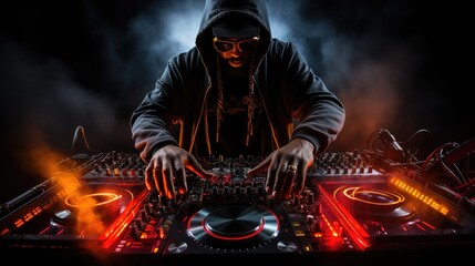 Fototapeta premium A DJ immersed in the art of mixing, hands deftly move turntables to create a symphony of beats.