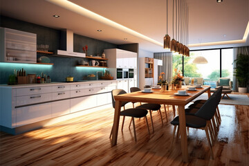 3d Illustration of modern kitchen in a house with a beautiful design