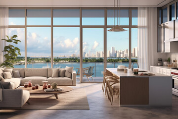 3d rendering of a modern living room with a view of the city