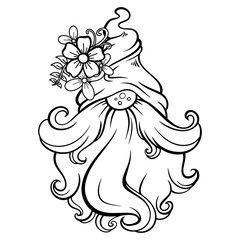 A painting of a gnome with a flower on its hat. It is a black and white striped image on a white background. It's a vector image.