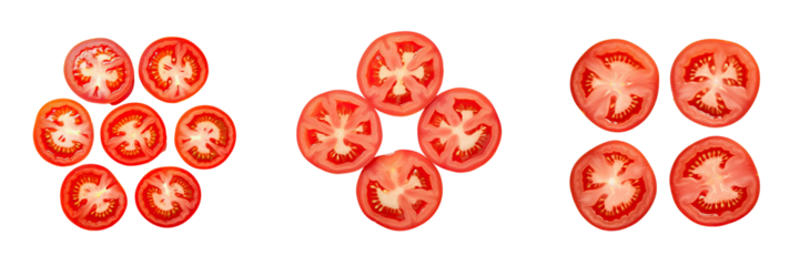 Top view of isolated tomato slices on a transparent background