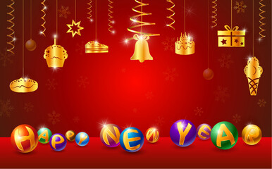 Festive illustration of Christmas and New Year decorated with golden icons and text on ball isolated on red background.