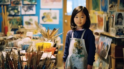 Fototapeta premium Young students painting moments in an art class.