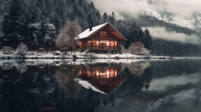 cabine by the lake in the mountains, winter landscape, generative ai