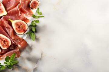 Fig and prosciutto appetizers background with empty space for text 