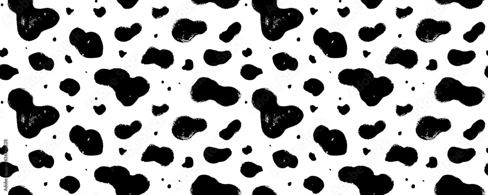 Poster Dalmatian or cow animal fur seamless pattern. Simple irregular vector design. Brush drawn black blobs, spots and dots. Seamless fur texture. Horizontal dalmatian background. Grunge abstract pattern.