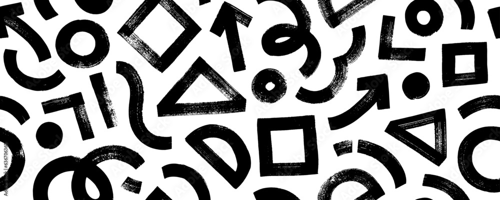 Poster modern abstract background with primary geometric shapes. brush drawn circles, triangle, square, arr