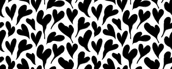 Melting black love hearts seamless pattern. Valentine's day holiday banner with wavy doodle hearts. Liquid romantic shapes wedding wallpaper design. Vector psychedelic pattern in groovy style.