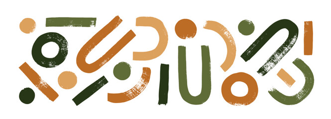 Abstract geometric banner with arches, straight lines, dots and circles in neutral colores. Brush drawn bold geometric shapes in green, beige and brown colors. Minimalist vector grunge style figures.