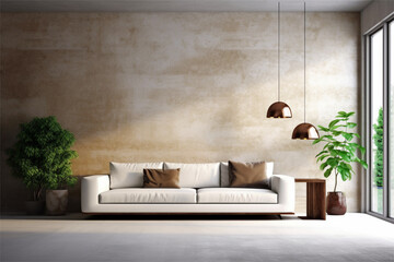 Interior of modern living room with brown walls, concrete floor, white sofa and wooden coffee table. 3d rendering