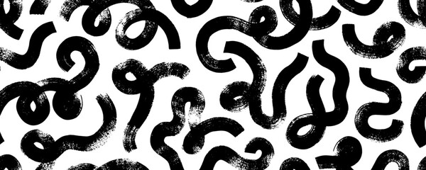 Bold curved lines and squiggles seamless banner design. Brush drawn creative texture with doodles. Hand drawn marker scribbles, curved thick lines. Vector organic irregular wavy smears, squiggles. - obrazy, fototapety, plakaty