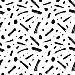 Doodle brush strokes and dots seamless pattern. Trendy design with basic shapes. Simple party confetti texture, childish background. Scribble brush strokes vector background.