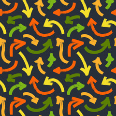 Various sketchy bold brush drawn arrows seamless pattern. Hand drawn different curved lines, bold wavy shaped multi colored arrows. Seamless abstract geometric pattern in sketchy grunge style.
