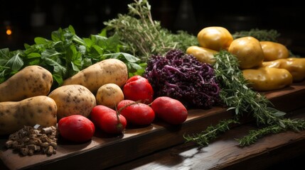 POTATOES AND OTHER WINTER VEGETABLES. HARVEST FOOD PHOTOGRAPHY BACKGROUND.