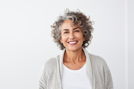 Portrait of a smiling mature woman looking at camera over white background