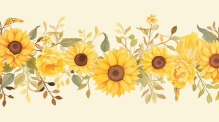 Naklejka premium Autumn sunflowers beautiful bouquet. Modern watercolor floral art design. AI botanical illustration for weddings, invitations, greeting cards, print.