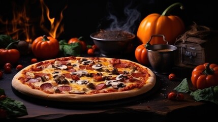 Halloween party pizza funny scary food background. Festive still life on straw in rustic style. Halloween party recipe, Creative funny idea for pizzas. AI photography..