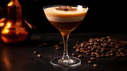 Сoffee Halloween cocktail topped with whipped cream in glass. Autumn coffee with spicy flavor and cream. Seasonal Fall Drinks concept. Alcoholic scary drink. AI photography.