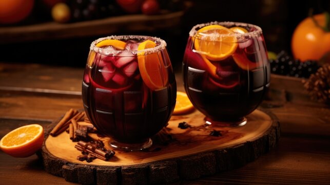 Red Halloween wine sangria cocktail in glasses close-up. Bloody spooky scary party cocktails alcoholic drinks festive concept. AI photography. .
