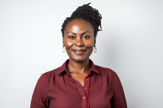Lifestyle portrait of a Nigerian woman in her 40s in a white background wearing a chic cardigan
