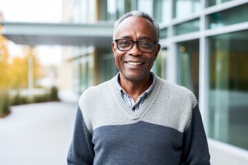 Portrait of smiling mature man with eyeglasses standing in city
