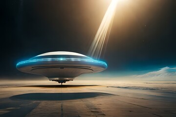 Naklejka na ściany i meble UFO landing on earth, a stream of light shining from underneath the space ship. Generative AI