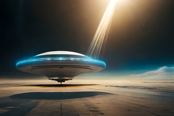 UFO landing on earth, a stream of light shining from underneath the space ship. Generative AI