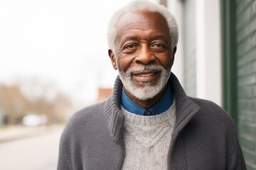 Lifestyle portrait of a Nigerian man in his 70s in a white background wearing a chic cardigan