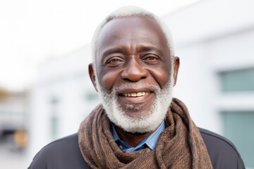 Medium shot portrait of a Nigerian man in his 70s in a white background wearing a charming scarf