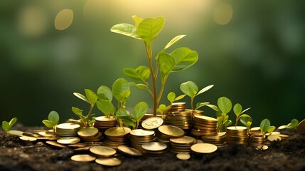 Golden coin pile growing out of money plants, cinematic scene, ai generative