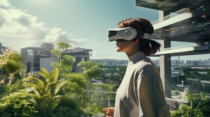 Woman with virtual reality headset watching at the futuristic green energy eco world out of her balcony, ai generative