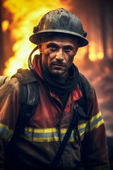 Obraz premium Generative AI illustration of a firefighter putting out a fire in the forest surrounded by flames