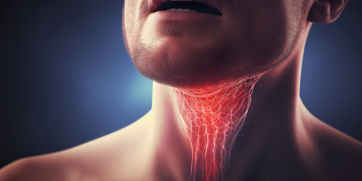 Sore throat, 3d rendering illustration style, throbbing sore throat and neck. Copy space, horizontal wallpaper.