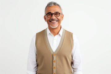 Portrait of happy mature Indian man in eyeglasses standing against white background