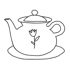 Black hand drawing illustration of a clay kettle with a flower and hot water for tea isolated on a plate on a white background