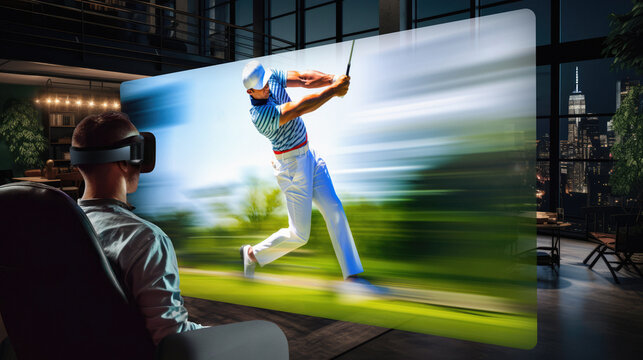Man watching a golfer using VR goggles in his living room - Powered by Adobe