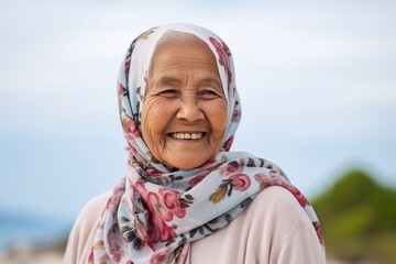 Fototapeta premium Portrait of an elderly muslim woman smiling at the camera.