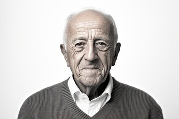 Portrait of an old man with a grey sweater on a white background