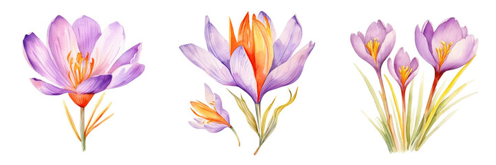 Crocus herb illustrated in watercolor on transparent background Saffron flower