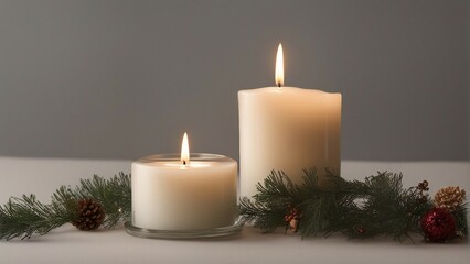 Obraz na płótnie Canvas a crisp image of a single lit candle, gently flickering in a quiet room adorned with minimalistic holiday decorations. Emphasize the warm glow of the flame against the serene background.